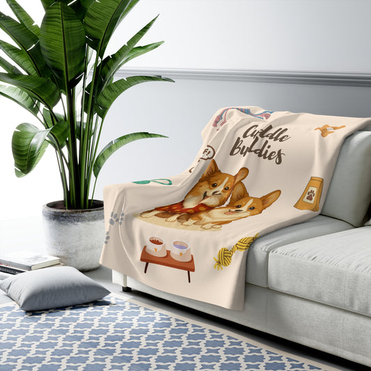 Blanket with a dog design draped over a sofa in a living room setting.