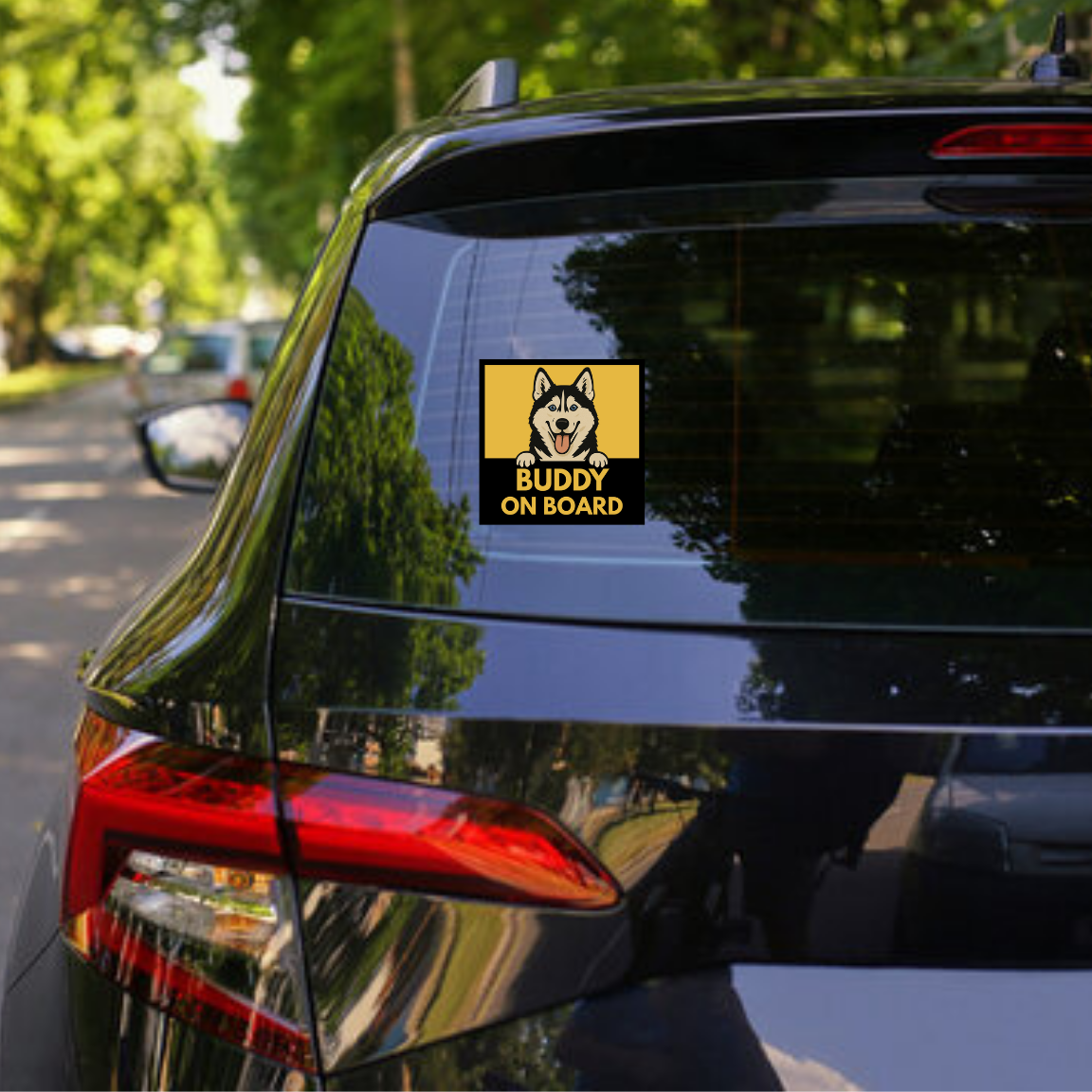 Car with 'Buddy on Board' sticker on the back window