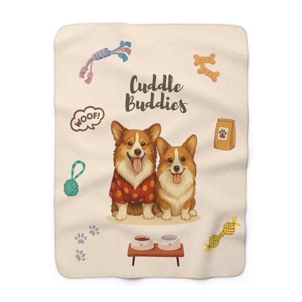 Blanket with cartoon dogs and pet-themed illustrations on a beige background
