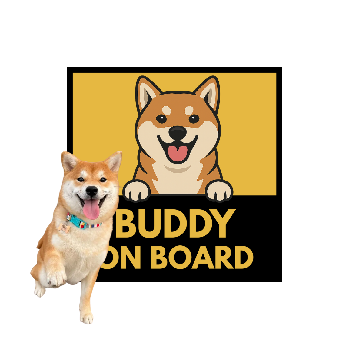 Dog with 'Buddy on Board' sign featuring a cartoon dog on a yellow background
