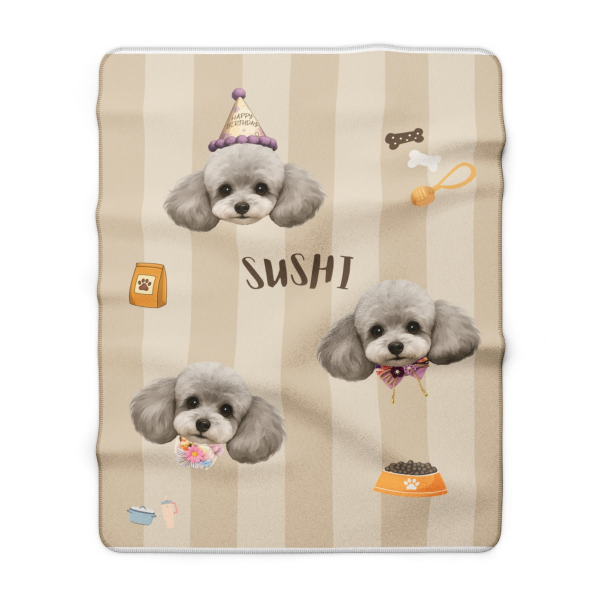 Blanket with cartoon dogs and text on a striped background